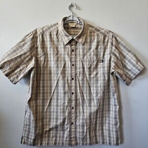 Marmot Shirt Men's Size XL Beige Plaid Short Sleeve Button Up Pocket 100% Cotton